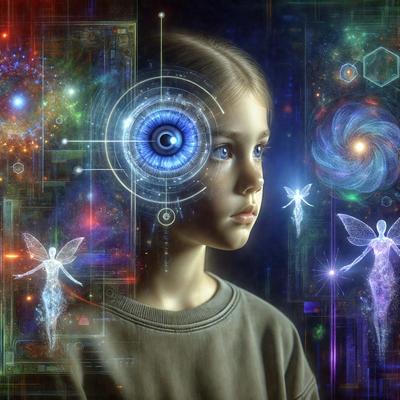 The primary subject of the image is a young girl with a blue eye. She is wearing a brown shirt and is surrounded by a colorful and futuristic environment. The setting includes a variety of geometric shapes, celestial bodies, and otherworldly elements. The visual style of the image is a combination of digital art and illustration, creating a unique and captivating scene. The colors and mood of the image are vibrant and imaginative, evoking a sense of wonder and curiosity.